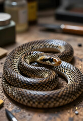 Obraz premium Wildlife conservation and nature study, coiled snake on a wooden workbench with laboratory tools for biological research and herpetology science project