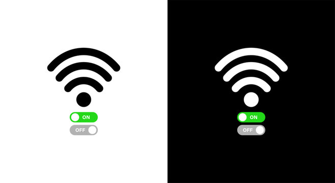 WiFi connection toggle icon set. Wireless network symbols with active and inactive switches for internet access, connectivity and network status.