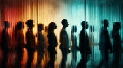 Fototapeta premium Silhouettes of People Walking Behind Ribbed Fluted Glass Panel in Red and Cyan Ambient Light