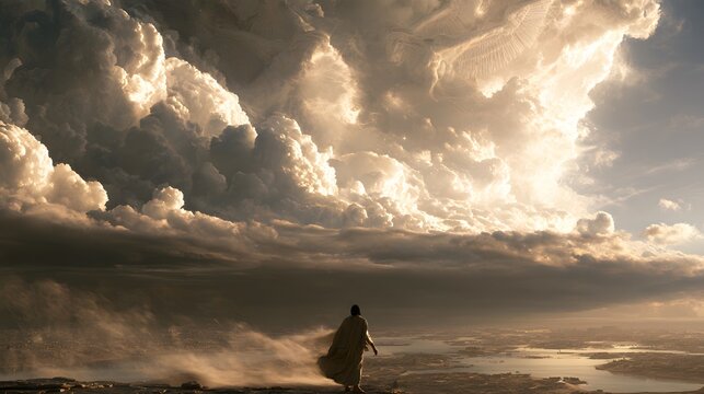 A robed figure stands on a high vantage point overlooking a sprawling coastal landscape beneath a massive storm cloud