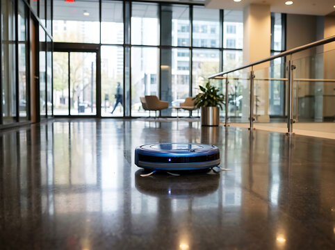 Smart Robotic Vacuum Cleaner Cleaning Shiny Floor in Modern Corporate Office Lobby