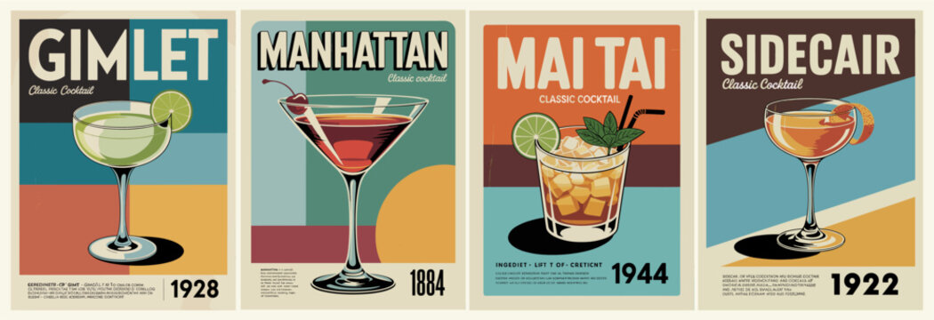 Vintage cocktail ads in retro design style. Each drink has a unique name and year. Gimlet, Manhattan, Mai Tai, Sidecar. Bold text and colorful backgrounds. Perfect for bars, parties
