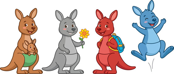 Obraz premium A collection of four colorful cartoon kangaroos with different activities and expressions.