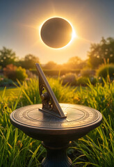 Fototapeta premium Solar eclipse and time passing concept, antique sundial in a garden during a celestial event with golden hour sunlight and astronomical phenomenon
