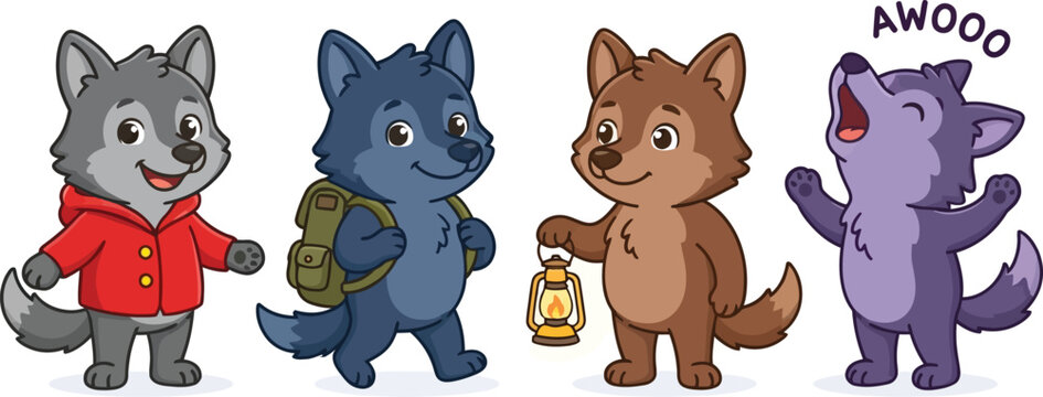 A collection of four cute cartoon wolf characters in various poses and outfits.