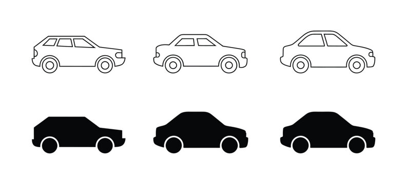 Car icon set, simple and detailed automobile symbols in different styles representing vehicles, sedan silhouettes, transportation, driving, automotive services, and mobility, EPS10.