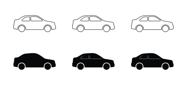 Car icon set, simple and detailed automobile symbols in different styles representing vehicles, sedan silhouettes, transportation, driving, automotive services, and mobility, EPS10.