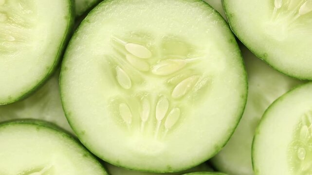 Fresh sliced long cucumber round pieces arranged in a row rotating. Top view shot