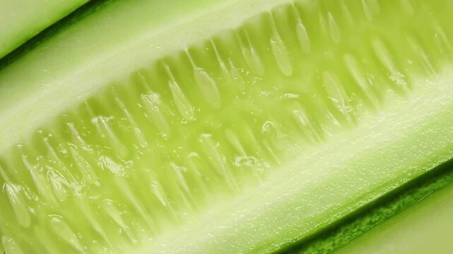 Fresh long cucumber sliced lengthwise showing flesh texture, slowly rotating. Extreme close-up shot