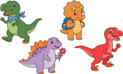 Fototapeta premium A collection of four cute cartoon dinosaurs in various colors and poses.