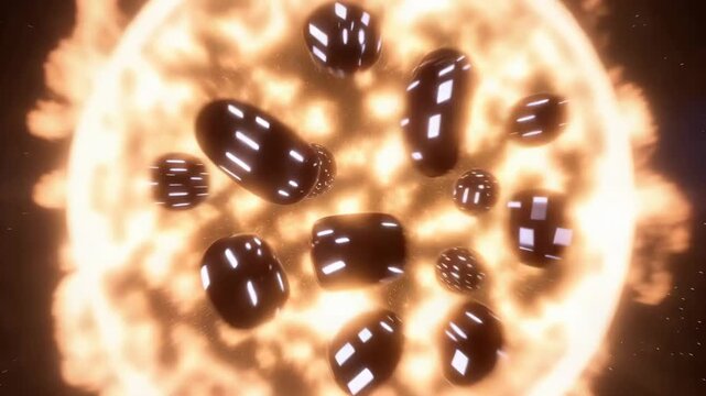 Futuristic spacecraft in deep space during a cosmic battle sequence with glowing explosions and laser beams