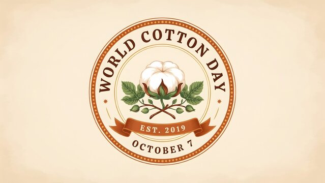 World cotton day logo with cotton leaves and ribbon