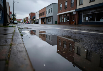 Urban decay and economic decline, empty small town street with rain puddles and closed storefronts reflecting on wet asphalt during a gloomy day