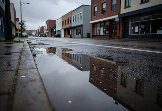 Urban decay and economic decline, empty small town street with rain puddles and closed storefronts reflecting on wet asphalt during a gloomy day