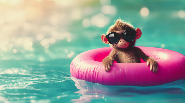 Tropical New Year 2027 banner with cute monkey character swimming on pink inflatable ring in pool