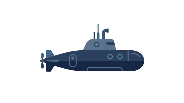 Blue cartoon submarine illustration with periscope and front hatch on clean white background