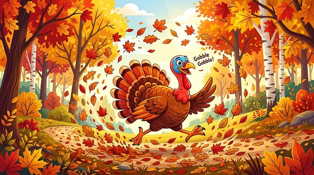 Cartoon turkey runs through birch forest with colorful autumn maple leaves.
