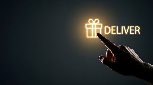 Person pointing finger at a glowing gift box icon and the word deliver on dark background