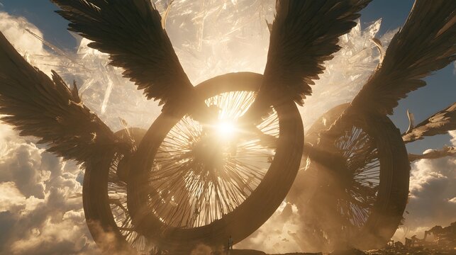 Surreal depiction of giant winged wheels in a bright celestial landscape