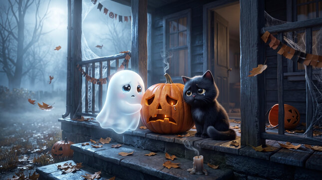 Sad ghost and black cat sitting next to a crying pumpkin on a porch