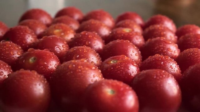 Macro view of fresh red cherry tomatoes with water drops spinning smoothly on a rotating tray, showcasing glowing wet textures and a shallow depth of field