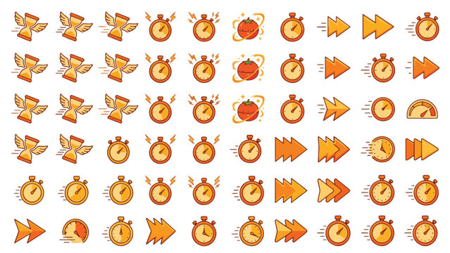 Gamified Time Management Speed Buff Flat Vector Icon Set - Energetic UI Icons