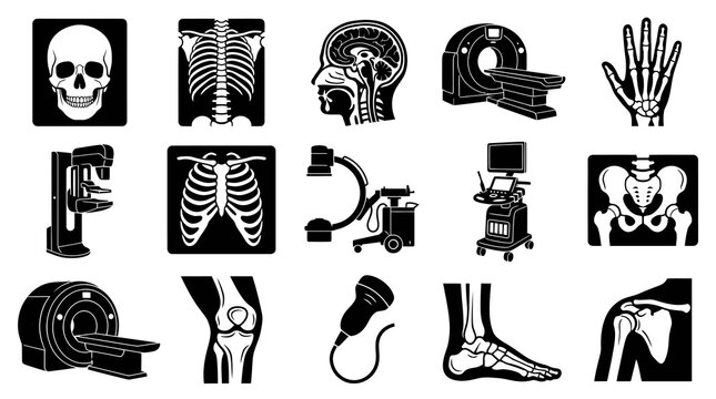 Medical Imaging Black  White Glyphs Icon Set: Radiology Diagnostics and Anatomy Illustrations