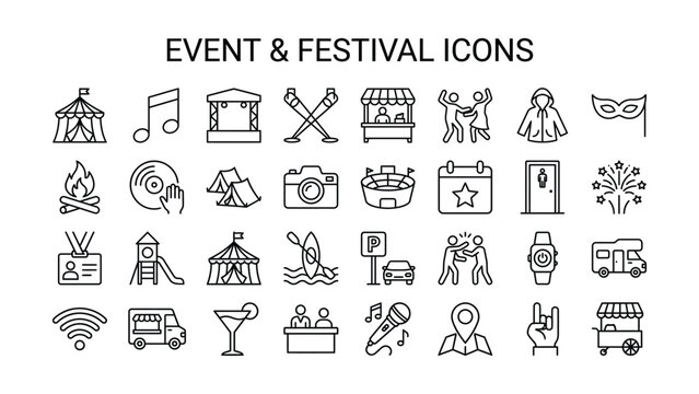 Set of event and festival themed icons with transparent background for graphic design use