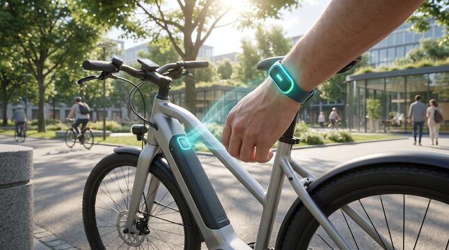 Person riding an electric bicycle with integrated digital connectivity display in a sunlit urban park electric mobility transportation technology