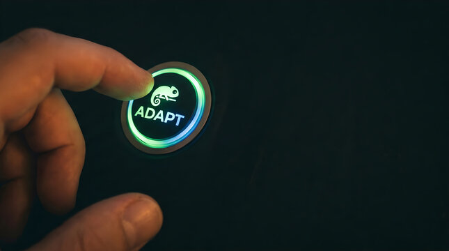 A hand pressing a glowing button with the word adapt with presses circular illuminated