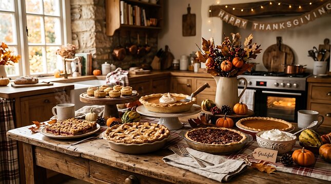 Rustic thanksgiving feast featuring pumpkin pies and fresh baked goods.