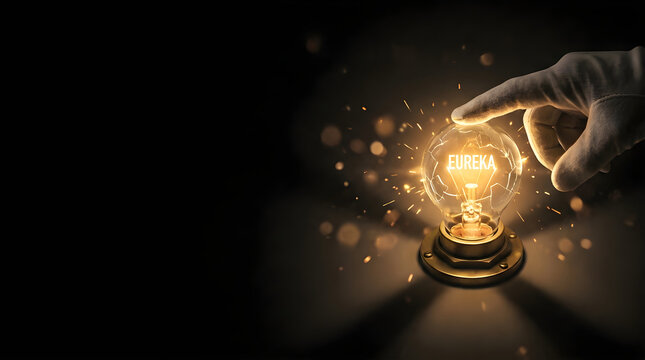 Gloved finger touching a glowing light bulb with the word eureka inside against black background