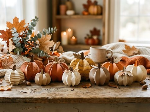 Autumn paper pumpkins craft table centerpiece with dry fallen maple leaves.