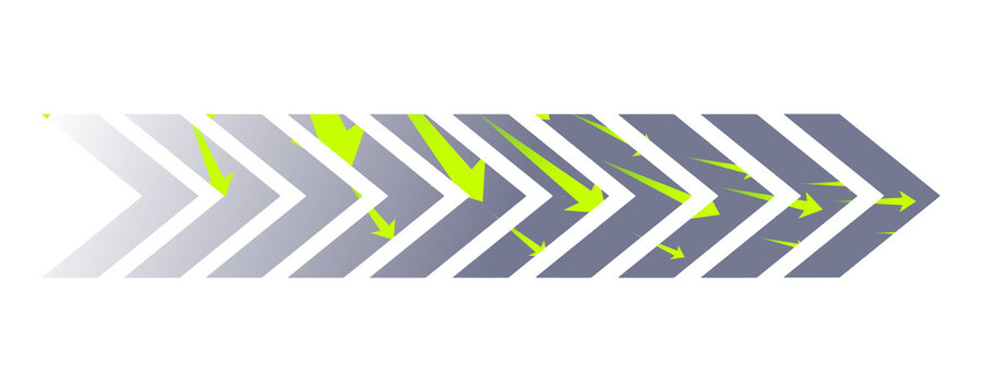 Yellow gradient chevron arrow pattern with fade effect pointing right on transparent background. Gradient chevron arrow pattern. Abstract directional movement design. Modern forward indicator symbol 