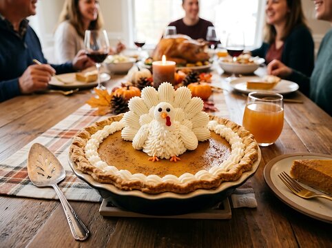 Pumpkin pie with whipped cream turkey decoration on thanksgiving table.
