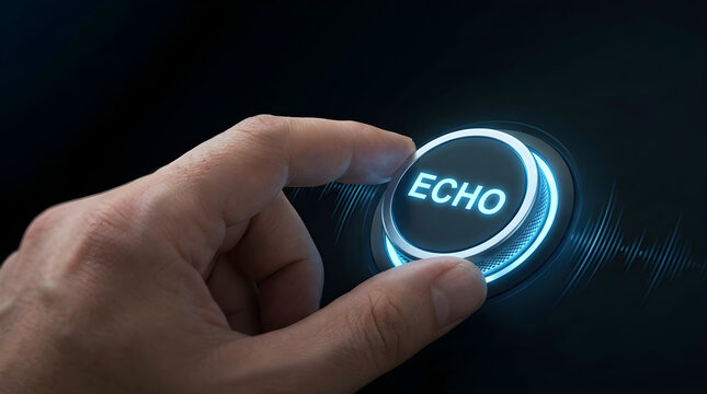 A hand turning a glowing dial with the text echo on a dark background