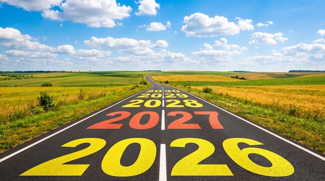 Concept of journey to the future with years 2026 to 2030 painted on asphalt road through green fields under blue sky