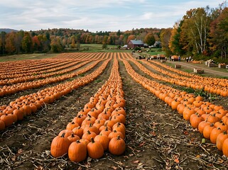 Fototapeta premium Vast harvest rows of orange pumpkins extending toward farm house.