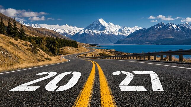 Scenic highway road heading towards Mount Cook with 2027 text on asphalt