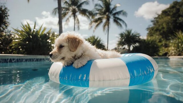 Golden retriever puppy floats serenely in a pool with a tropical backdrop during golden hour