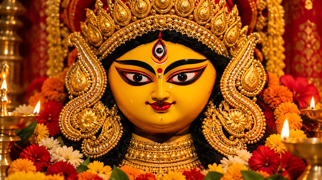 Goddess Durga Idol Decorated with Gold Jewelry and Festive Flowers