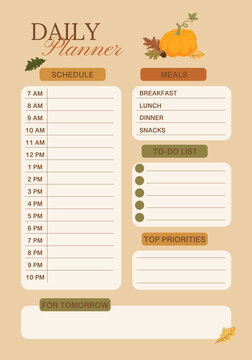 Autumn daily planner template, schedule, meals, to do list, priorities, pumpkin, fall leaves design