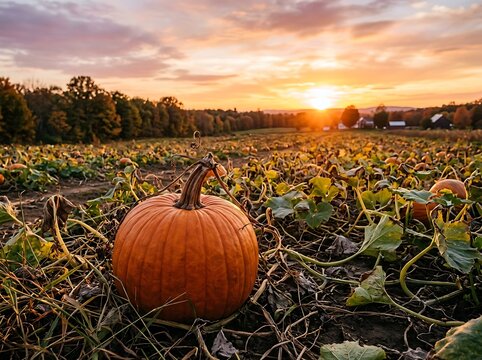 Orange pumpkin in vast pumpkin patch field at beautiful sunset.