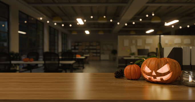 3D Illustration of Halloween Decoration with Jack o Lantern on Office Desk at Night