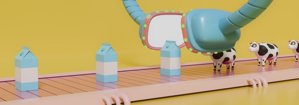 3D render of automated dairy factory line, cow entering processing scanner and coming out as milk cartons