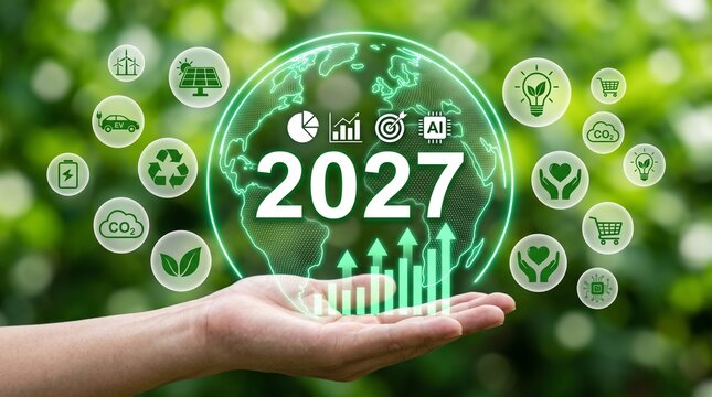 Hand holding green earth globe with 2027 text and sustainable development icons for future eco growth