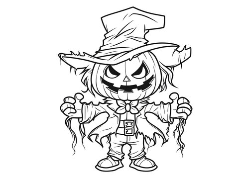 Black and white line art illustration of a cartoon Halloween scarecrow with a carved pumpkin head and tattered hat, ideal for kids coloring pages, trick or treat activities, and DIY crafts.