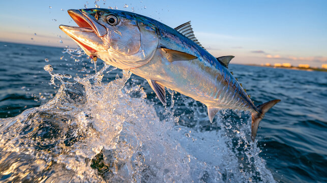 Ultra photorealistic large king mackerel launching out of the ocean in a spectacular vertical leap, violent water explosion beneath the fish, crystal droplets suspended with perfect freeze-frame cla