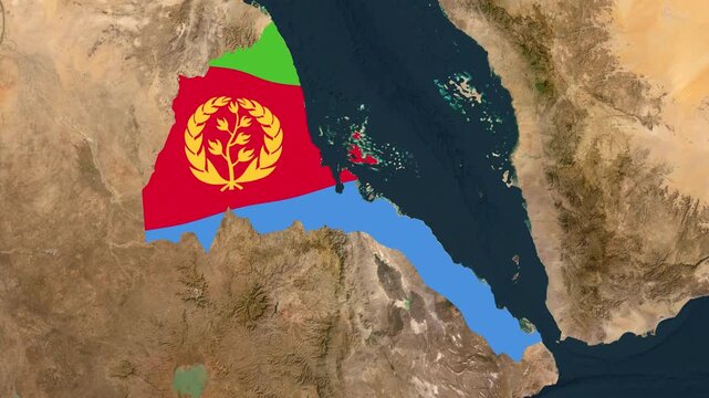 Satellite map animation of Eritrea with moving clouds, growing ink-shape waving flag of the country, gradient outline indicating the border. Highlighted territory.