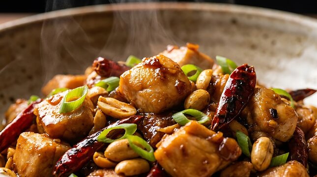 Delicious kung pao chicken with roasted peanuts and green onions in a frying pan. kung pao chicken